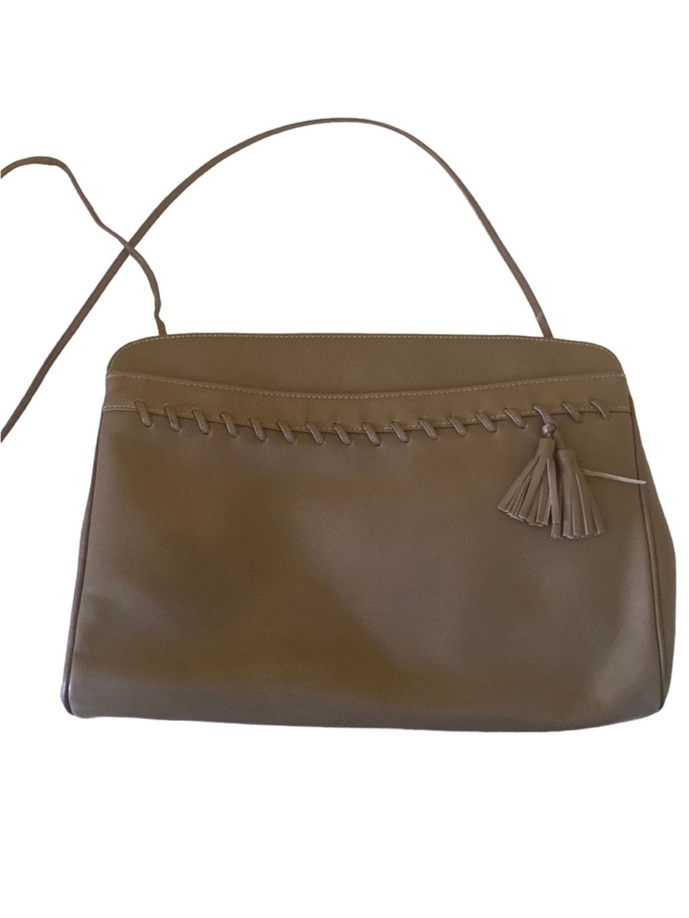 Susan Gail Vintage Leather Clutch Shoulder Bag with Tassels in Taupe